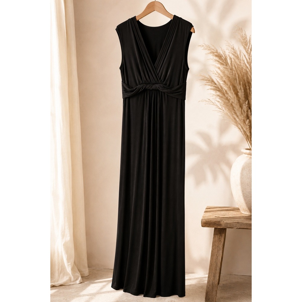 Chico's Black Maxi Dress V Neck Ruched Empire Waist Formal Size 1 Medium